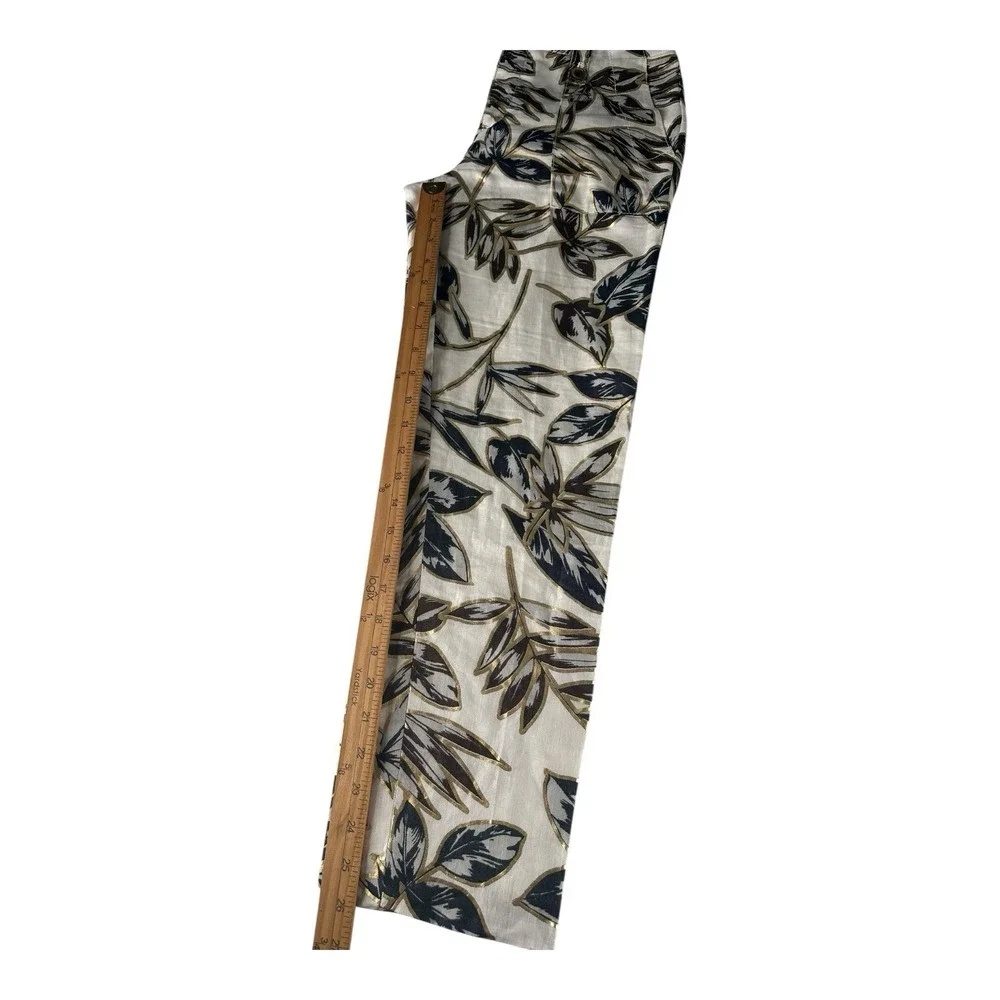 J. Crew Women's Garden Pant Cropped Gold Foil Leaf 100% Linen‎ Size 00
